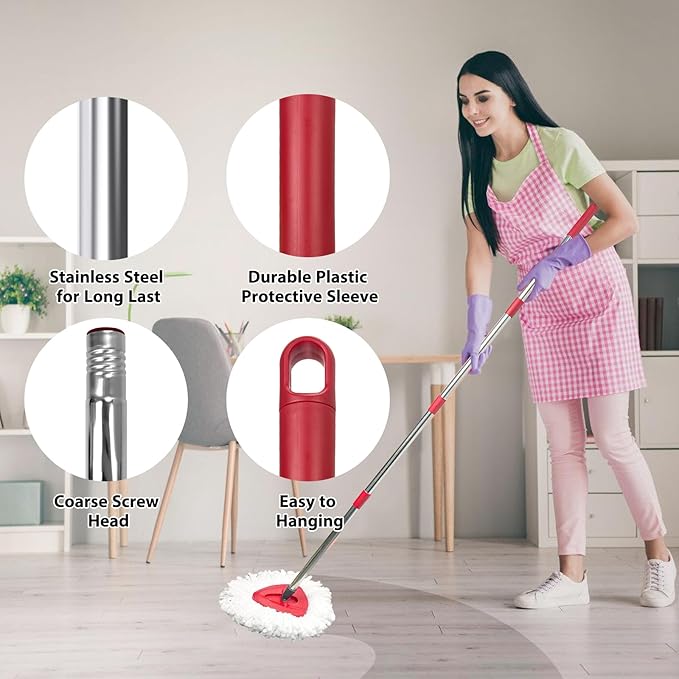 Spin Mop Replacement Set for O-Ceda EasyWring 1-Tank System, Includes 2 Mop Head Replacement, 1 Spin Base, 1 Scrubber Head, 1 Mop Handle (30-58in Adjustable 4-Section Pole)
