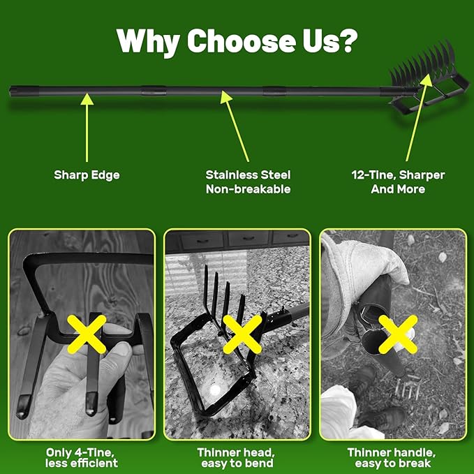 2 in 1 Hoe Garden Tool, 12 Tines Cultivators for Gardening, Weed Puller Tool with 76" Long Handle for Gardening, Weeding, Seeding, Ditching, Loosening