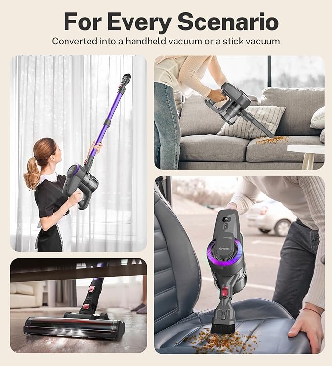 DEVOAC Cordless Vacuum Cleaner, Ultra-Lightweight Stick Vacuum, 2200mAh Battery Up to 40mins Runtime, 6 in 1 Powerful Handheld Vacuum for Home Hard Floor Carpet Pet Hair (Purple)