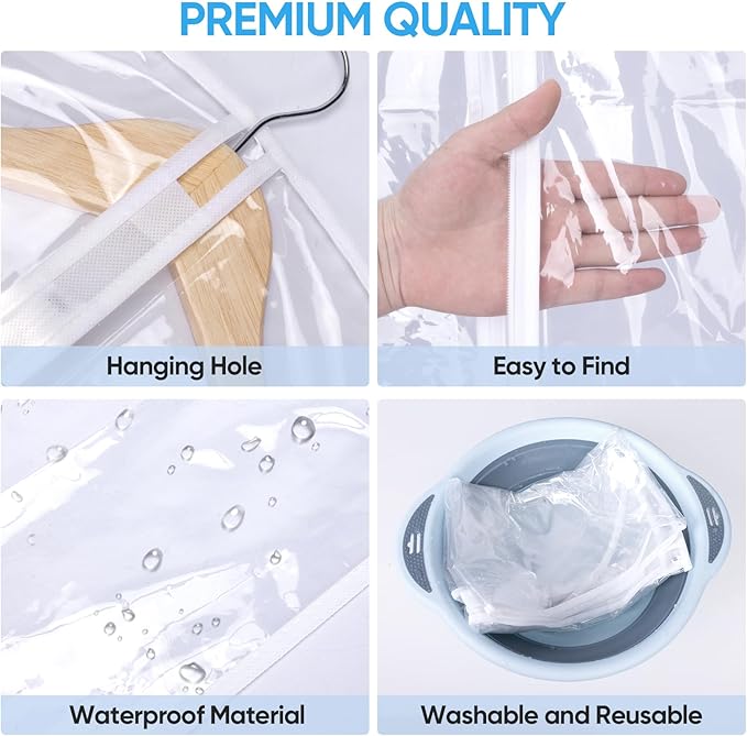BALEINE 60'' Clear Garment Bags, 12 Packs PEVA Dress Bag for Closet Clothes Dresses Suit Coats Storage (Clear, 12PK)