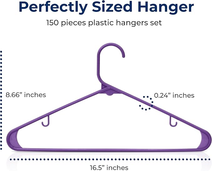 SereneLife 150-Piece Plastic Hangers Set Purple – Non-Slip, Heavy Duty Coat Hangers for Clothes, Space-Saving Durable Closet Organization with 5.5 lbs Weight Capacity Each