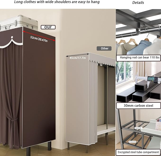 Heavy Duty Portable Closet with Cover Foldable Covered Clothes Rack for Hanging Clothes Armoire Wardrobe Closet System Freestanding Coat Storage Garment Racks (190cm/75in(Coffee))