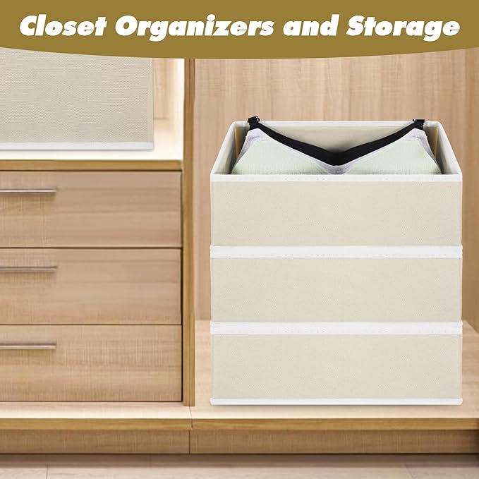 12 Pack Linen Drawer Organizer Set – Collapsible Fabric Storage Bins for Baby Clothes, Diapers, Socks, Bras & More (Beige, 3 Sizes)