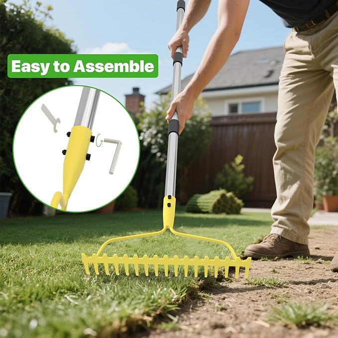 Garden Rakes for Lawns Heavy Duty, 6 FT Bow Rake for Leaves, 17-Tines Metal Rake with Stainless Steel Handle for Yard Leveling, Landscape, Loosening Soil, Yellow