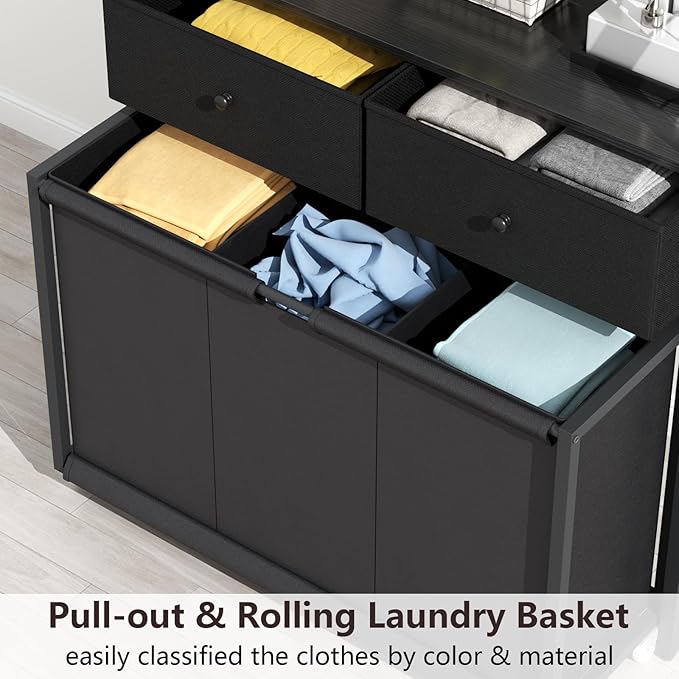 STIKELY Laundry Hamper Laundry Basket with 3 Section Pull-Out Rolling Bags & 2-Tier Storage Shelf, Laundry Sorter for Organization and Storage with 2 Drawers for Laundry Room, Bathroom