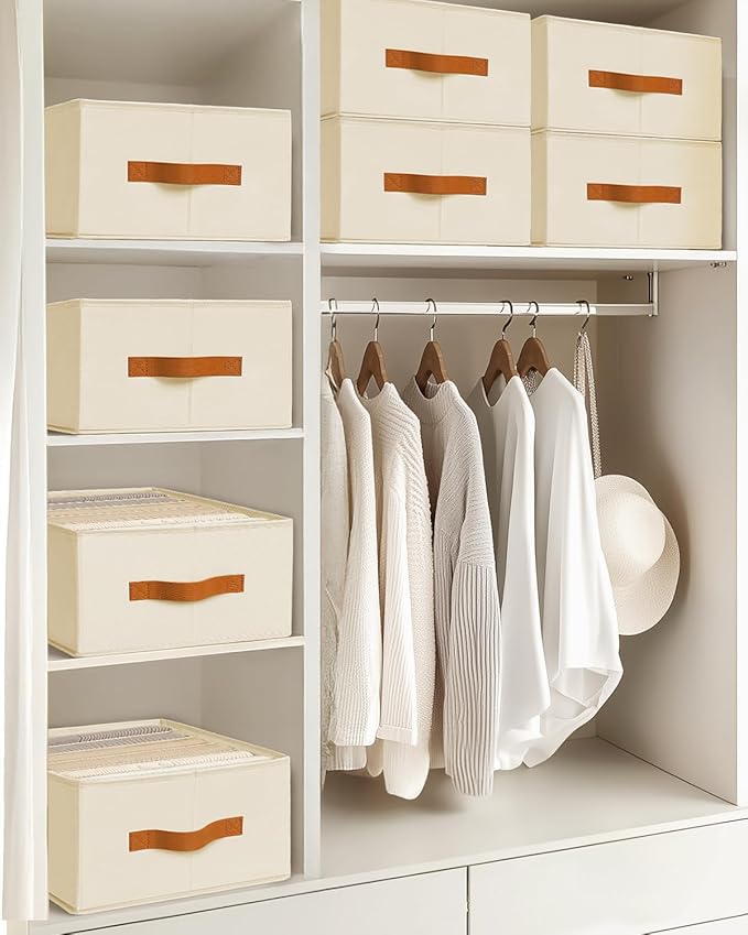 Homsorout Closet Organizers and Storage - Fabric Clothes Organizer with Handles, Foldable Jeans Organizer for Clothes, Drawer Organizer for Shirts, Bra, Sweater, Scarf, 8 Pack, Beige