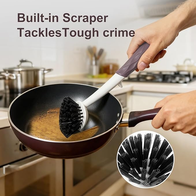 Dish Brush, 2 Pack with Comfortable Handle, with Built-in Scraper, Scrub Brush with Medium Firm bristles for Cleaning Dishes, Sink, Pots (Brown)