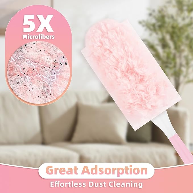 30 Count Pink Duster Refills Compatible with Swiffer Handle, 360° Multi-Surface Duster Refills with 1 Handle, 5X Microfibers Disposable Dusters for Home, Office Cleaning