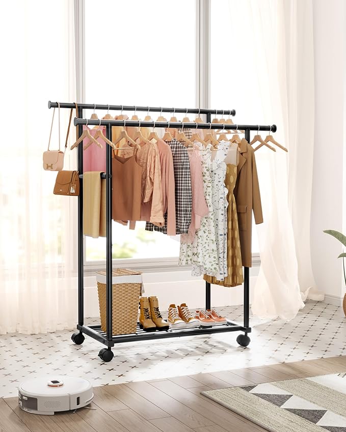 Sakugi Metal Clothes Rack - Double Rod Clothing Rack with Fixed Design and Rolling Wheels, Coat Rack with Built-In Shelf for Closet Organizers and Storage (38.5" x 16.9" x 59.0", Black)