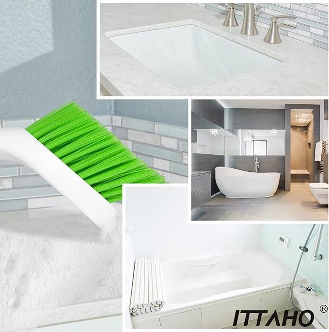ITTAHO Dish Scrubber Set, Kitchen Brush for Cleaning with Scraper Edge, Green Multi-Purpose Scrub Brush with Handle for Dishes,Sink,Pots,Pans,Shower,Tile,Tubs - 3 Pack