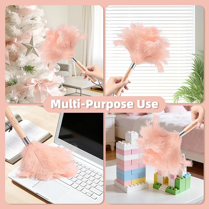 Pink Ostrich Feather Duster with Wooden Handle, 13.5 inch Natural Fluffy Cleaning Tool for Dusting Home, Car, Delicate Surfaces, Reusable Decorative Duster for Ledges, Blinds & Delicate Home Decor