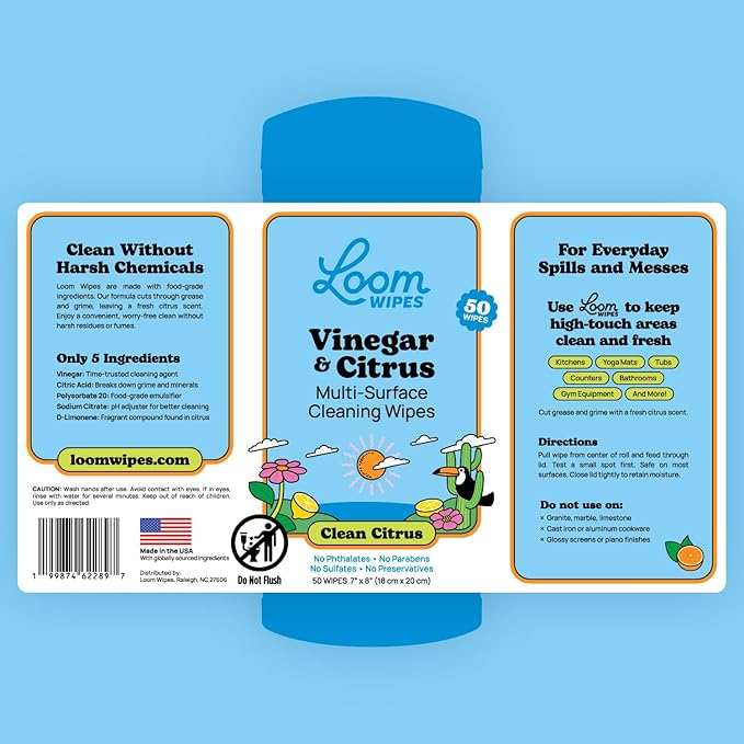 Loom Wipes All Purpose Natural Cleaning Wipes - Vinegar & Citrus Powered Multi Surface Cleaner - 50 Count