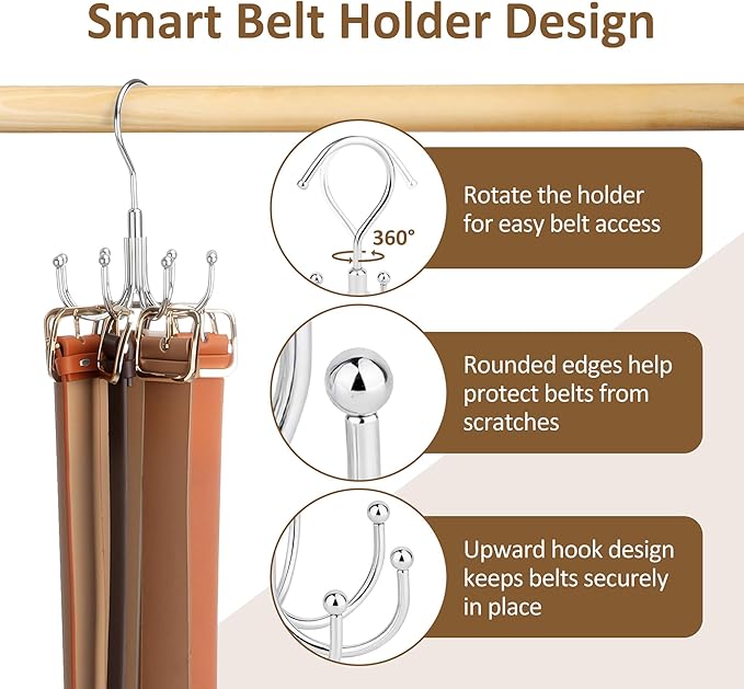 ZEDODIER Belt Organizer for Closet, Heavy-Duty Rotating Belt Hanger Rack Holds up to 24 Belts, Hanging Space Saving Metal Belt Holder for Closet Storage, Silver