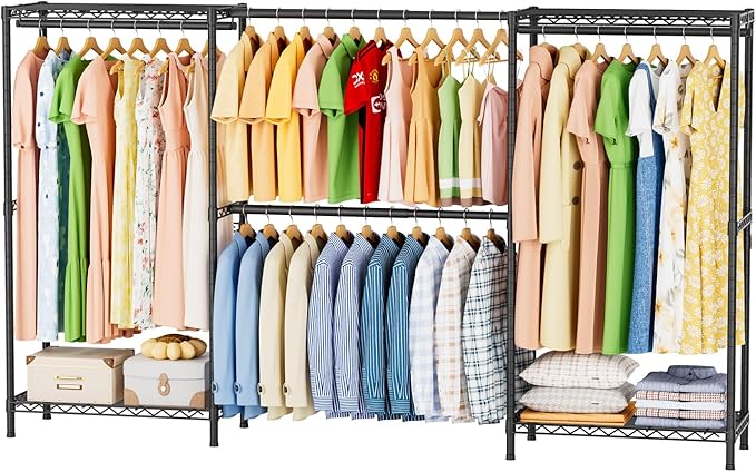 SINGAYE Clothes Rack Portable Closet Coat Wardrobe Heavy Duty Clothing Racks System Organizers and Storage for Hanging Clothes Garment Rack Adjustable with Shelves 15.8" D*(77-88) W*76.5" H Black