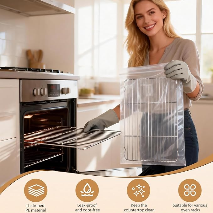 10 Pack Oven Rack Cleaning Bags, Reusable Leak-Proof Heavy Duty PE Bags for No Scrub Deep Soaking, Compatible with Oven Racks Grill Grates BBQ Racks