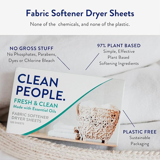 The Clean People Fabric Softener Sheets - Dryer Sheets - Softens & Removes Static - Vegan Laundry Softener With Essential Oils - Fresh 360 Pack