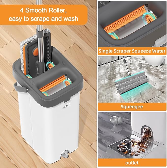 Mop and Bucket with Wringer Set for Home,61" Flat Mop and Bucket System for Floor Cleaning,Wet Dry Mop Window Wall Cleaner with Long Handle,Floor Mop with 4 Washable Microfiber Pads