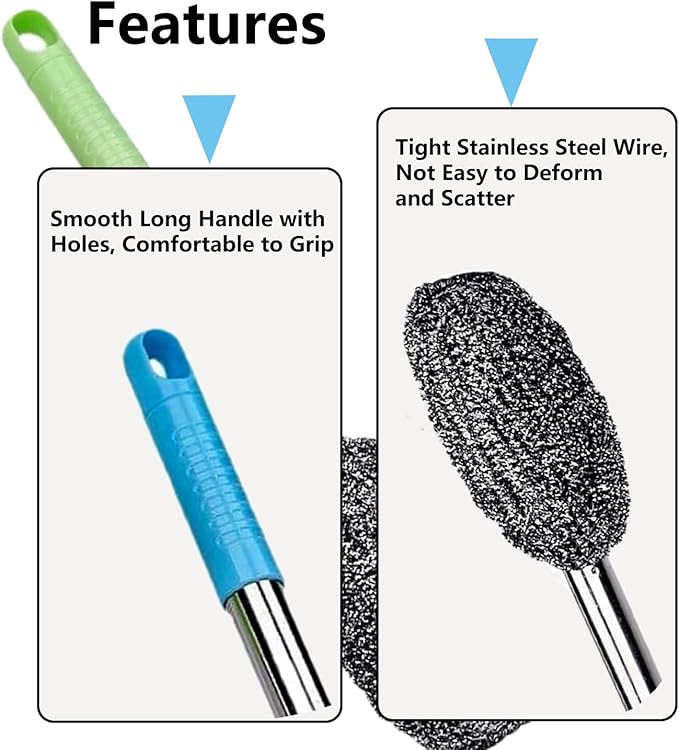 3-Pack Steel Wool Scrubber with Long Handle, Kitchen Dishwashing Pot Scrubber for Deep Cleaning