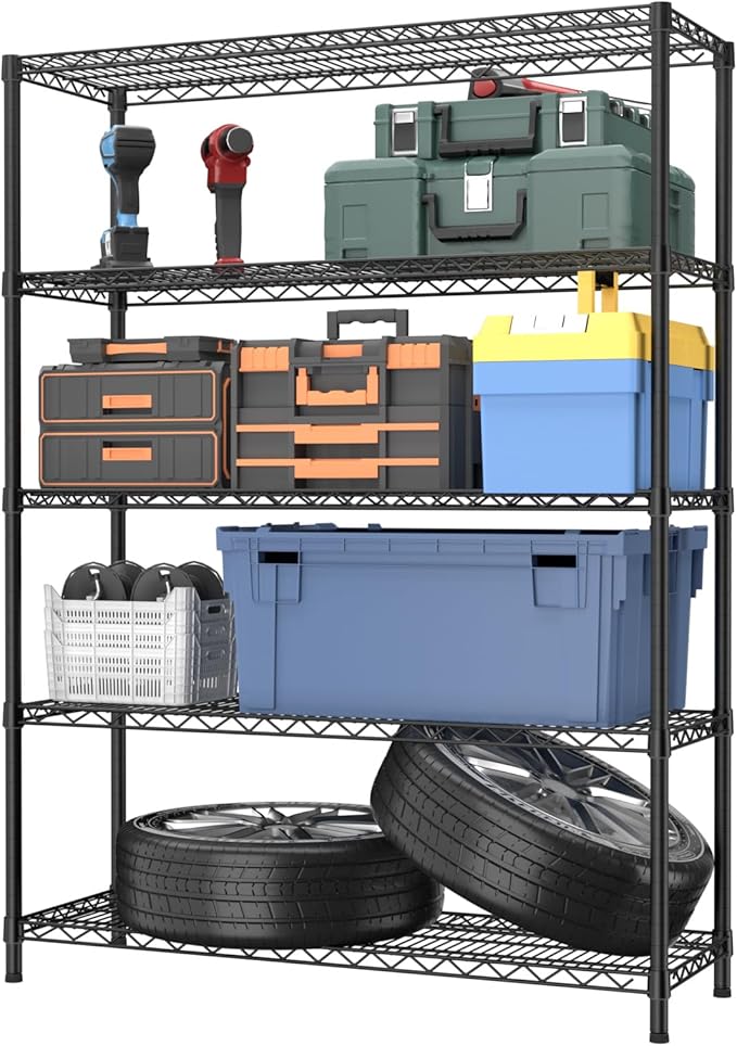 Golpart 5 Tier Adjustable Storage Shelves Heavy Duty Metal Utility Shelf 1750LBS Capacity Wire Shelving Unit Organizer Rack for Home Kitchen Garage Pantry Room 18" D x 46" W x 77" H Black