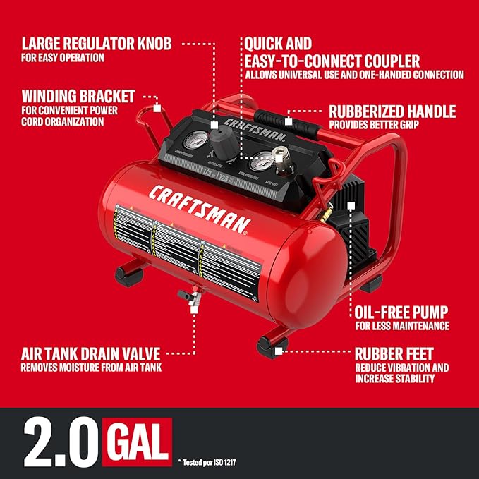 CRAFTSMAN Air Compressor, 2 Gallon Portable Air Compressor 1/3HP Max 125 PSI Oil-Free Light Weight with 10 PCS Accessory Kit