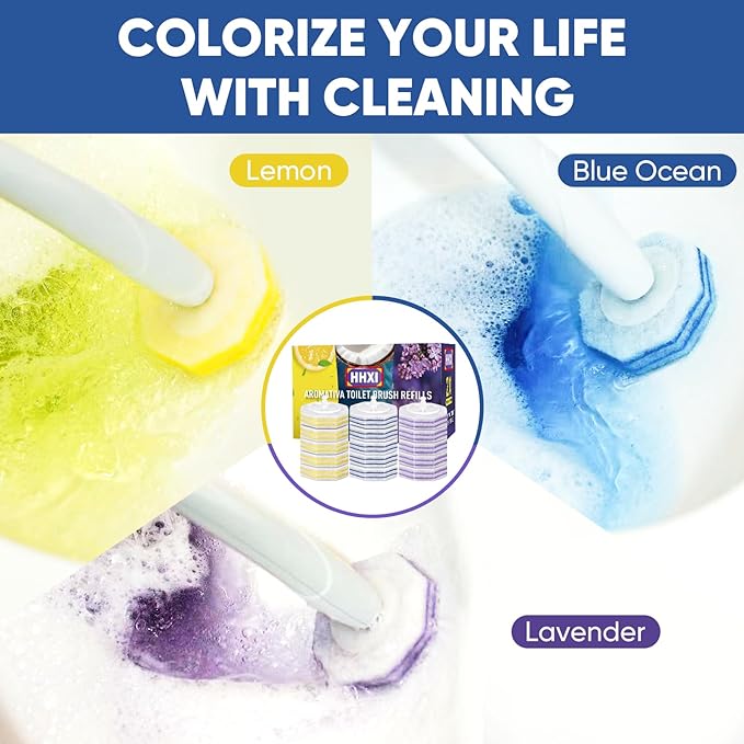 15Ct Aromative Toilet Brush Refills, Toilet Bowl Cleaner Refills, Double-Layer Cleaning Pads Added, Disposable Refill Heads for Toilet Bowl Cleaner Wands，Lemon, Blue Ocean, Lavender （Patented）