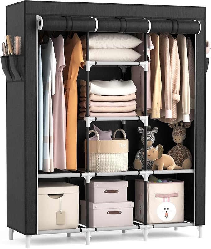 VTRIN Portable Closet, Large Capacity Portable Wardrobe with 2 Hanging Rods and 8 Storage Shelves, Sturdy Free Standing Closet Wardrobe for Hanging Clothes with Side Pockets, Black