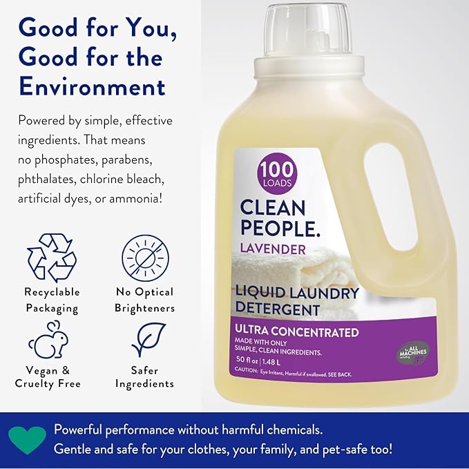 The Clean People Liquid Laundry Detergent - Recyclable Packaging, Stain Fighting - Ultra Concentrated, Laundry Soap - Lavender, 200 Loads