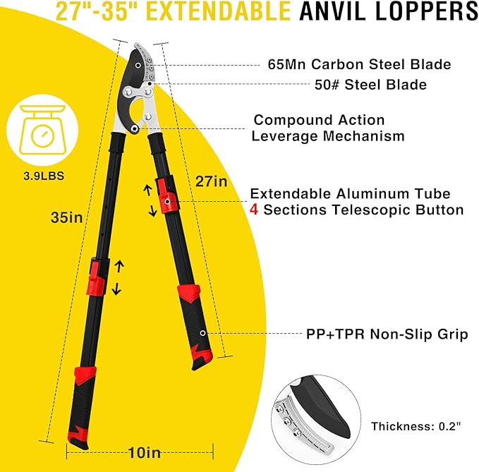 Yesker 27-35" Extendable Loppers for Tree Trimming Heavy Duty Tree Trimmer Bypass Loppers with Compound Action Sharp Anvil Blade up to 2 Inch Cut Capacity Branch Cutter Chops Thick Branches Ease