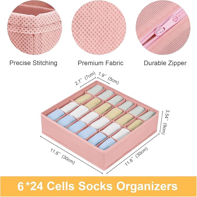 Joyoldelf Sock Organizer Drawer Organizer - Underwear Organizer, 24 Cell Collapsible Closet Organizers and Storage Sock Holders Organizers for Storing Socks, Ties, Belts 6 Pack Pink