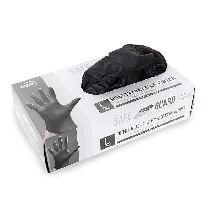 Safeguard, Nitrile Disposable Gloves, Powder & Latex Free, Box of 100 Gloves, Size Medium, Black