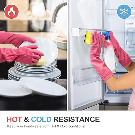 Mamison 2 Pairs Reusable Waterproof Household Dishwashing Cleaning Rubber Gloves, Non-Slip Kitchen Glove (Pink, Medium (Pack of 2))