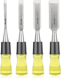 HURRICANE 4 Piece Wood Chisel Set for Woodworking. CR-V Steel Beveled Edge Blades with Safety Caps. Extra Large Grip, Impact-Resistant PVC Handle Chisels (1/4", 1/2", 3/4", 1")
