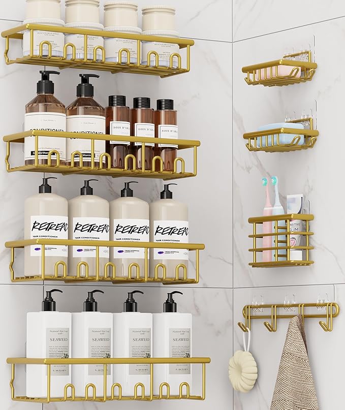 8 Pack Adhesive Rustproof Shower Caddy with Soap Dishes, Toothbrush Holder & Hooks, Large Capacity No-Drilling Shower Shelves Rack for Bathroom Organizers and Storage Accessories, Gold
