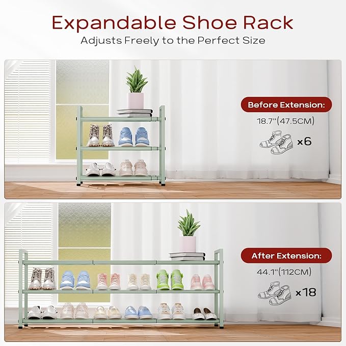 Bumusty 3-Tier Long Expandable Shoe Rack for Closet, 18"-44" Adjustable Shoe Rack for Entryway, 15-18 Pairs Large Shoe Organizer Shelf Storage, Sturdy Metal, Green