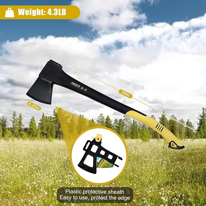 24" Splitting Axe Hatchet, Nylon Shock-Absorbing Handle, Camping Axe for Logs, Wood