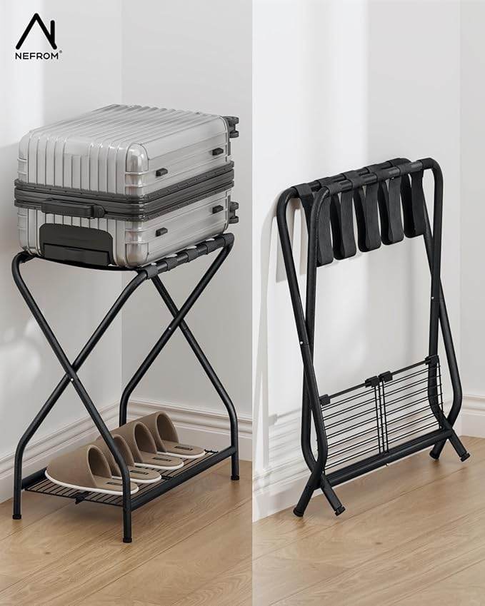 Set of 2 Foldable Black Luggage Rack Stands with Storage Shelves – Heavy Duty Metal Holders, 150 lbs Top, 50 lbs Bottom Each, Fits 20”-28” Luggage – Guest Room, Bedroom, Hotel LR-BK-2