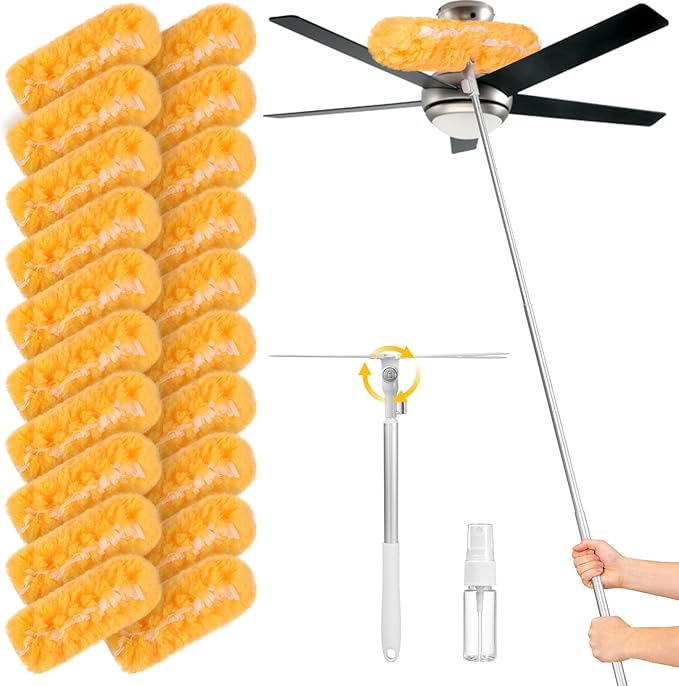 6 ft Extendable Handle with 20 Duster Refills, Heavy Duty Duster Refills Kit Compatible with Swiffer, 360 Disposable Microfiber Duster Pads for Ceiling Fan, Window & Hard to Reach Areas Cleaning
