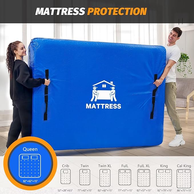 Mattress Bags for Moving, BETU Mattress Protector Waterproof Mattress Cover Queen Size Storage Bags with 8 Heavy-Duty Handles and Zipper for Bed Extra Thick Large Reusable(2 Pack, 82"x62"x15" Blue)