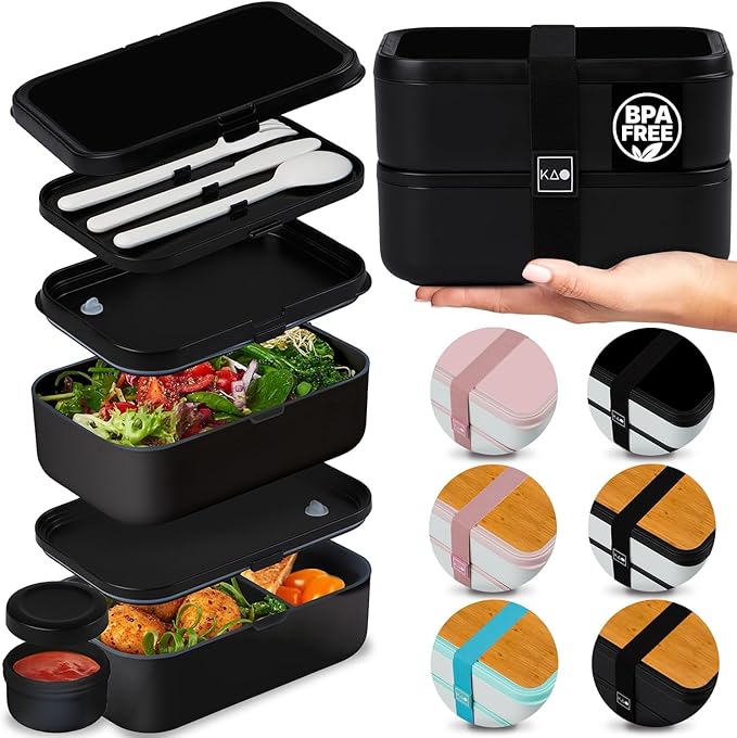 KARRICO Double Premium Bento Box Adult, 67 fl oz BPA-Free - Black Stackable Lunch Box with Leak-Proof Lids & Dividers, Perfect for Meal Prep, Lunches & Portion Control