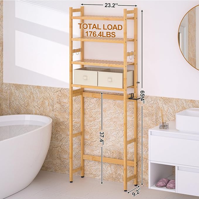Cozivolife Over The Toilet Storage with 2 Baskets, 4-Tier Bamboo Organizer Rack with Paper Holder & 4 Hooks & Waterproof Feet Pad,Freestanding Shelf for Bathroom(Natural)