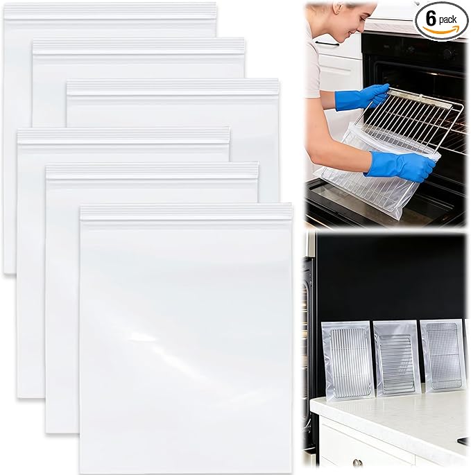 6-Pack 15.7 x 23.7 Inch Oven Rack Cleaning Bags, Reusable No-Scrub Soaking Bags with Sealed Zip for Removable Oven Racks, Grill Grates and BBQ Racks, Leak-Resistant Clear PE, No Cleaner Included