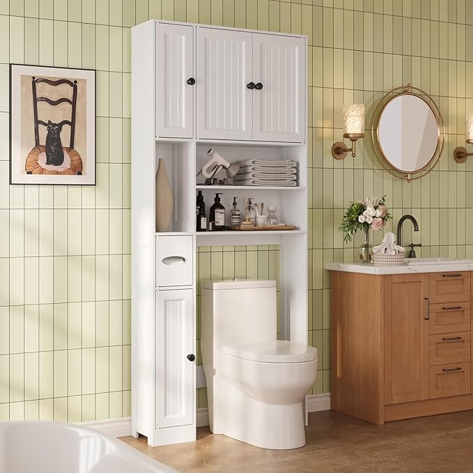 Ahomly Over The Toilet Storage Cabinet, Over Toilet Bathroom Organizer with Adjustable Shelves and Five Doors, Above Toilet Storage Cabinet for Bathroom, Restroom, Laundry, White