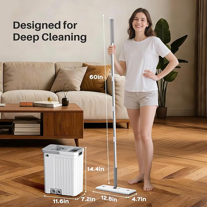 Mop and Bucket Set with AUTO Pump, 3-Zone Separate Dirty and Clean Water, Flat Mop and Bucket System with Wringer and Wheels, 4 Reusable Microfiber Pads, One-Touch Water Filling for Home Cleaning