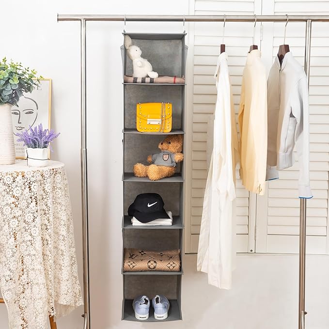 BrilliantJo 6 Shelves Hanging Closet Organizer, 2 Pack Hanging Storage with 4 Side Pockets for Clothes Shoes, 43.5"x12"x12"(Grey)