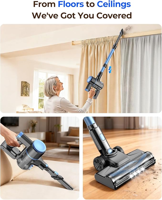 N8 Cordless Vacuum Cleaner,Lightweight Stick Vacuum with Powerful Suction,2200mAh Battery,40 Mins Runtime,Self-Standing,Rechargeable Vacuum Cleaners for Home Hardwood Floor Carpet Pet Hair (Blue)