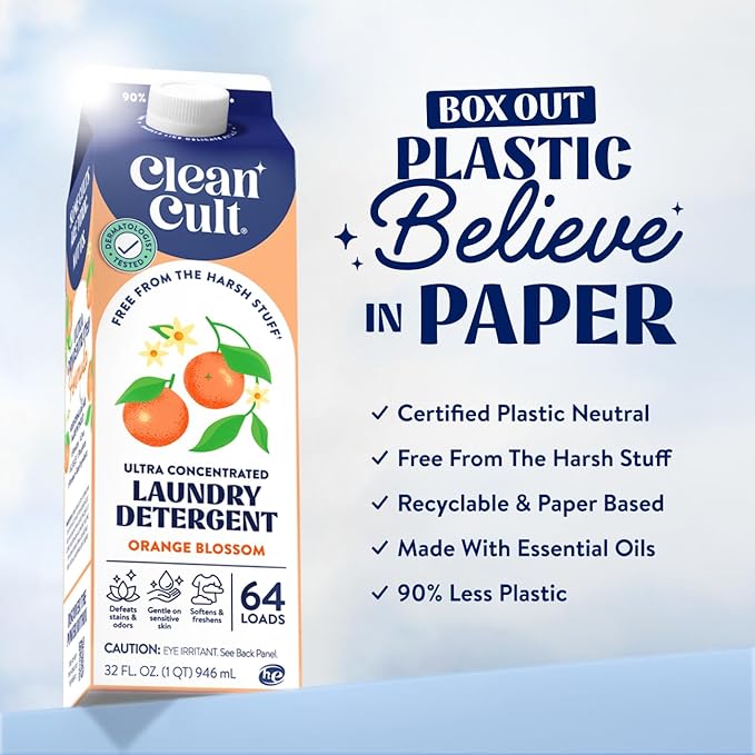 Cleancult Ultra Concentrated Liquid Laundry Detergent, 192 loads (96 oz), Long Lasting Scent, 90% Less Plastic, No Harsh Chemicals, Orange Blossom, Defeats Stains & Odors, HE/Standard Compatible