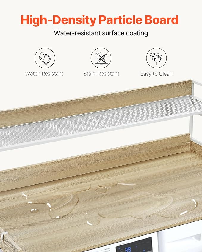 VEVOR Washer Dryer Countertop with 2-Tier Shelf, 54" x 27" Wooden Washer and Dryer Countertop with Anti-Slip Pads, Water-Resistant Laundry Topper Cover for Laundry Room Organization and Storage, Oak