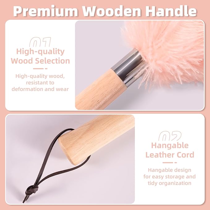 Pink Ostrich Feather Duster with Wooden Handle, 13.5 inch Natural Fluffy Cleaning Tool for Dusting Home, Car, Delicate Surfaces, Reusable Decorative Duster for Ledges, Blinds & Delicate Home Decor