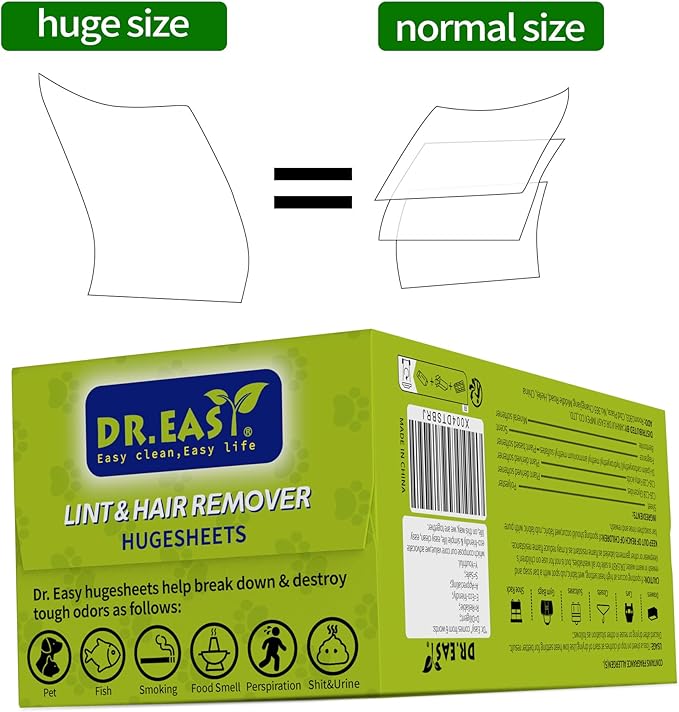 Dr.Easy LINT & HAIR REMOVER Pet HUGESHEETS with 3X Dryer Sheets, Free & Clean, 200 Count,PLANT&MINERAL-BASED FORMULA