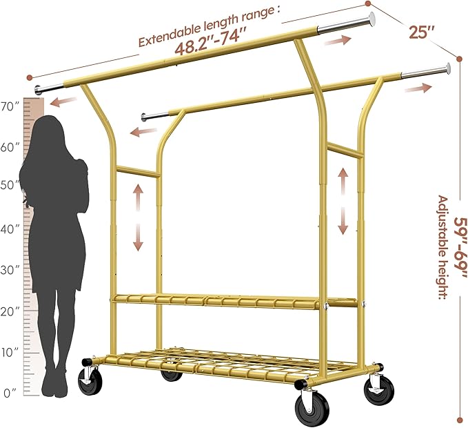Raybee 74" W Clothes Rack Load 630 LBS, Clothing Racks for Hanging Clothes, Adjustable Heavy Duty Clothes Rack, Double Rods Metal Garment Rack for Bedroom Wardorbe Closet Living Room